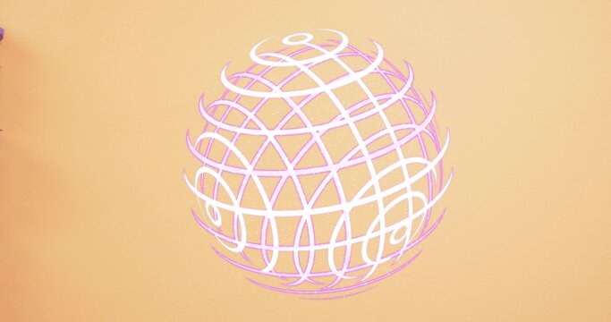 Fototapeta Floating wireframe globe showing pink-white ribbons and speckle on peach backdrop, purple accent
