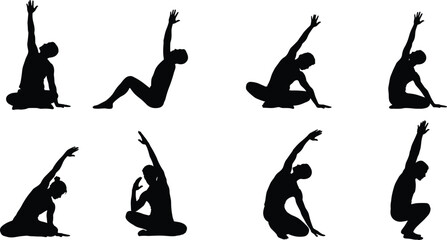 Seated yoga poses, silhouette illustration, side stretch posture, flexibility exercise, wellness concept, meditation practice, spinal alignment, fitness routine, calm energy, body balance, mindfulness