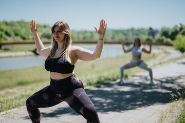 Women engaging in outdoor fitness, stretching exercises in a green scenic park. Promotes teamwork, health, well-being, and relaxation in a sunny and nature-rich environment.