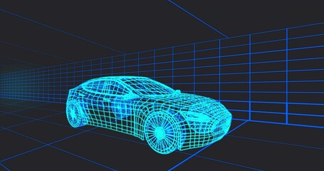 Showing cyan wireframe coupe model glowing in CAD grid, with wireframe wheels and vanishing lines