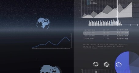 Obraz premium Showing analytics UI over starfield, displaying area charts, pie and gauge charts, copy space