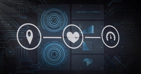 Displaying pin, heart ECG, gauge as linked circular icons on digital HUD showing radar waveform