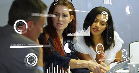 Reviewing team of three in office attire examining reports and laptop at office table with overlays