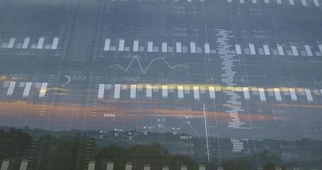 Displaying transparent data overlay at dusk with bar charts, line charts, grids, trees, 2006 2017