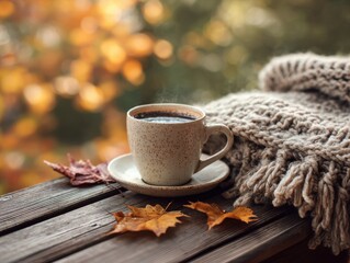 A hot cup of coffee sits on a wooden table with a cozy knitted blanket and autumn leaves in the background.