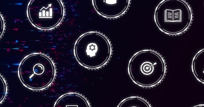 Glowing head-gear icon sitting at center in dashboard, showing dashed-ring UI elements, neon glitch - Powered by Adobe