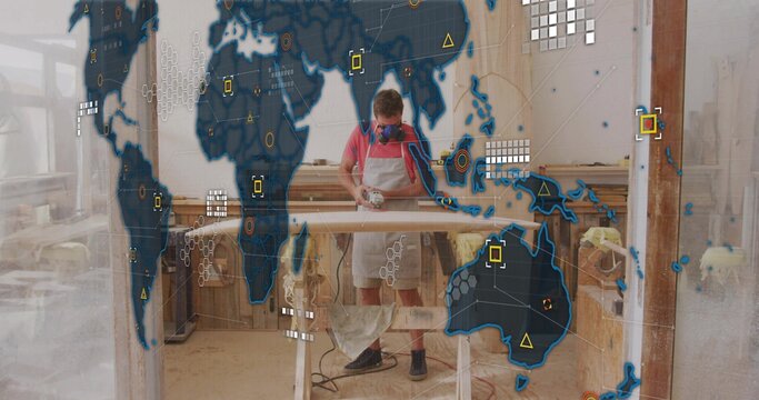 Sanding worker wearing respirator mask, apron using sander on board atop sawhorses with HUD overlay