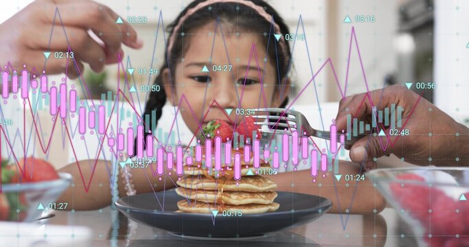 Watching child wearing headband reaching for strawberry atop pancakes at table, fork, data overlays