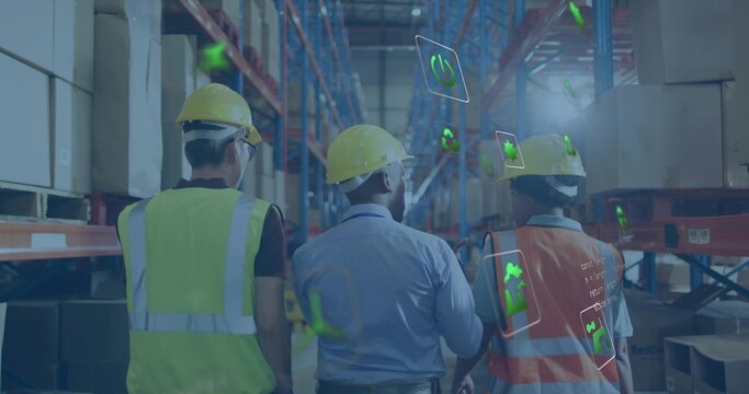 Walking warehouse team checking pallet racks in long aisle wearing yellow helmets and vests with AR