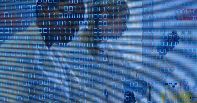 Holding tablet, two female medical staff consulting in clinic, with vial, lab coats, binary overlay - Powered by Adobe