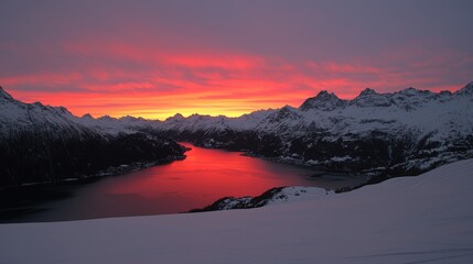A breathtaking view of a snow-covered mountain range at sunset, with a deep red sky and a calm lake reflecting the colors.