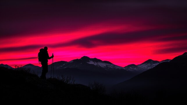A lone hiker stands on a mountain peak, silhouetted against a vibrant sunset sky.