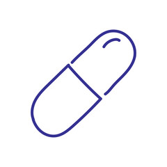 Simple line drawing of a blue capsule on a white background, representing medicine or health.
