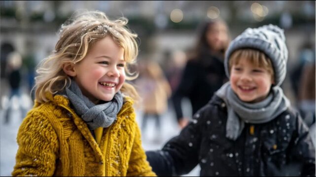 Joyful little girl and boy playing together, throwing snow and laughing on a cold winter day