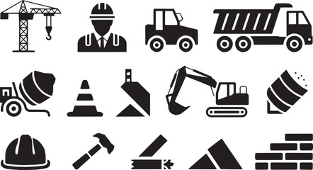 Excavation and heavy machinery icons set. Construction, digger, equipment, project, engineer, industrial, development, site, progress, truck, architecture, work, repair, tool, building, job, team, mac