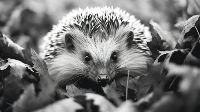 A cute hedgehog pokes its head out from a leafy background.