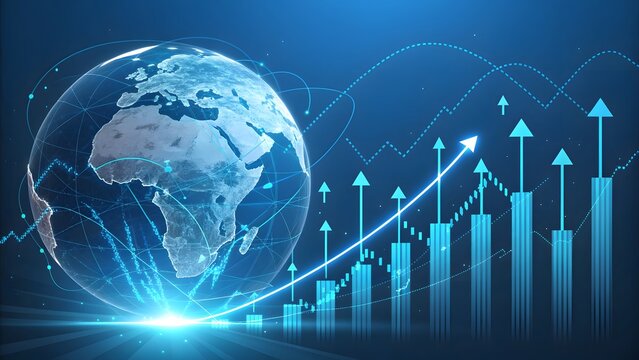 Global economic growth concept with a world globe and rising bar graph with arrow pointing upward, symbolizing progress and financial success