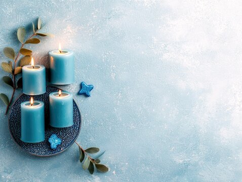 Four lit teal pillar candles are arranged on a dark blue patterned plate, adorned with eucalyptus leaves and sparkling blue star ornaments, set against a textur