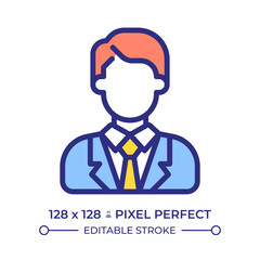 Male office worker pixel perfect line color icon. Businessman in formal attire. Corporate manager. Entrepreneur career. Isolated vector illustration. Flat colorful symbol design. Editable stroke