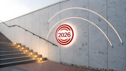 Illuminated staircase with the year 2026 on the wall, symbolizing a future event or milestone, with a modern design and architectural lighting