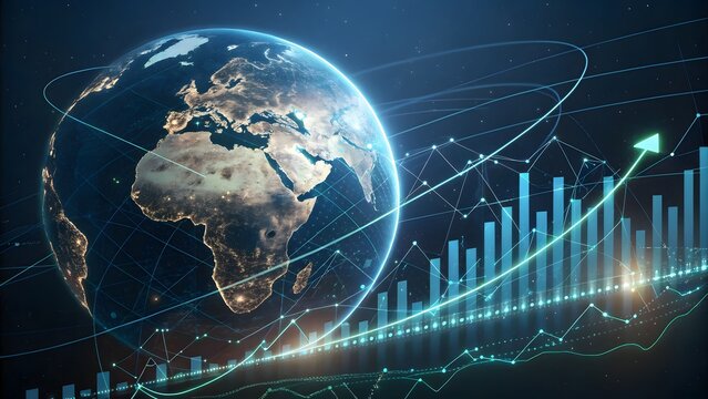 Global business growth concept with a world map and a rising graph, symbolizing international trade, economic development, and financial success