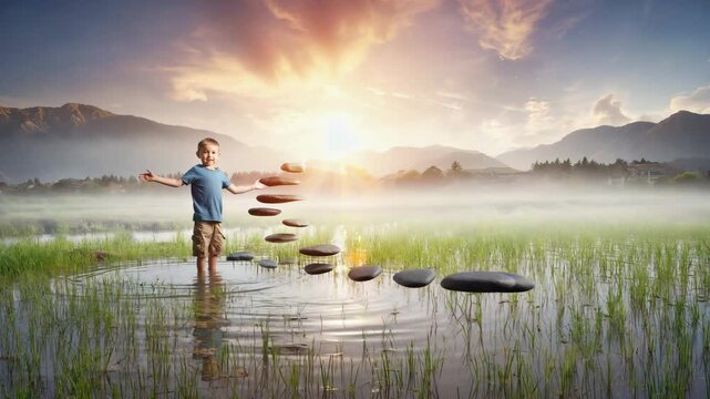 Young boy stepping stones across misty rice paddy towards golden sunset mountains inspiring