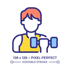 Personal trainer pixel perfect line color icon. Sportsman exercising with dumbbell. Healthy lifestyle. Gym training. Isolated vector illustration. Flat colorful symbol design. Editable stroke