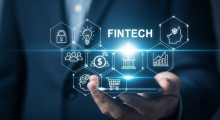 Fototapeta premium Smartphone FINTECH Hologram with Dollar Sign, Padlock and Lightbulb Icons — Mobile Banking