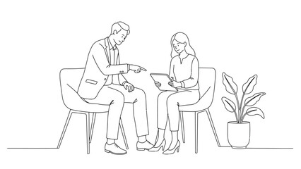 Business Discussion or Interview Outline Vector Illustration. Professionals Sitting and Talking with Tablet.
