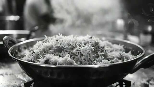 A pan of freshly cooked fried rice with vegetables and grains on a stove.