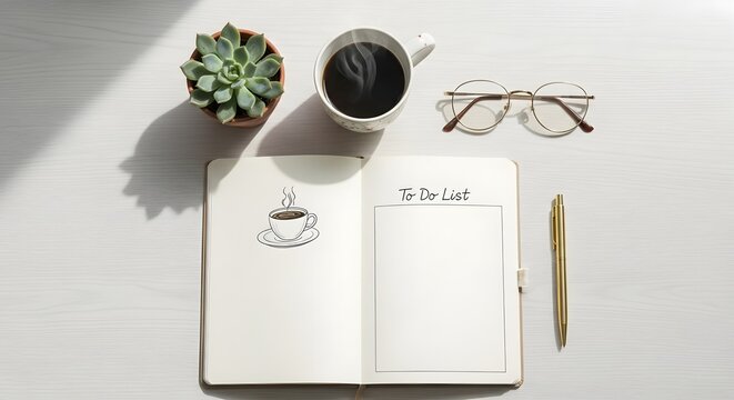 A neatly organized workspace featuring a coffee mug, a small potted succulent, reading glasses, a gold pen, and an open notebook with a to-do list on a white surface - Powered by Adobe