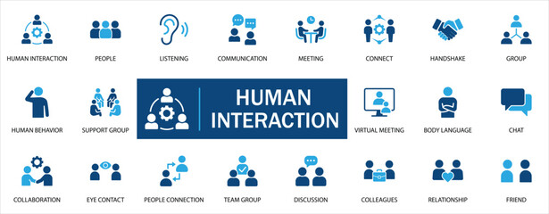 Human Interaction solid icon set. Featuring people communication, meeting, teamwork and relationship concepts. Flat minimal design for business and social media projects. Vector illustration.