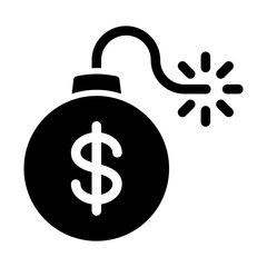 Black single exploding money bomb icon, simple economic recession flat design pictogram vector for app logo ads web webpage button ui ux interface elements isolated on white background