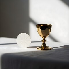 Minimalist Communion Wafer and Chalice on White Linen for Christ the King Feast