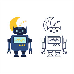 Blue robot sleeping under a crescent moon with zzz symbols, next to its outline version, on a
