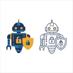 Robot with shield and lock icon, security concept