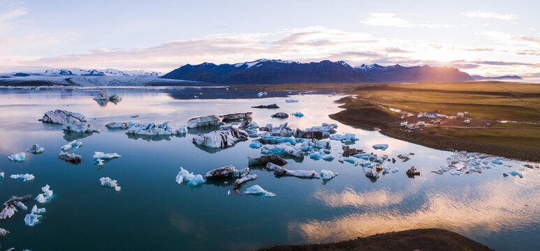 Pano drone view of Jokulsarlon lagoon at sunrise, Iceland
