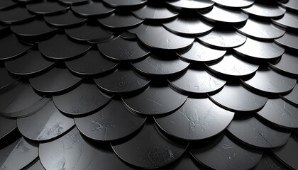 Dark metallic overlapping scales with a textured reflective surface create a repeating pattern