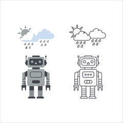 Robot standing under rainy clouds, representing weather or data