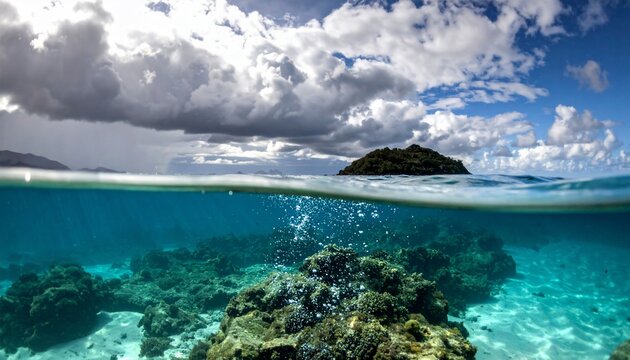 Stunning split view of ocean, sky and island showcasing marine life and tropical landscape