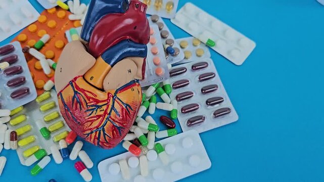 Exploring heart health and medication in a colorful display of pills and anatomy models