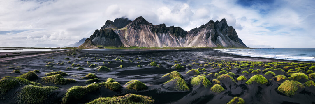 Aerial pano view of Vestrahorn, Stokksnes, Iceland