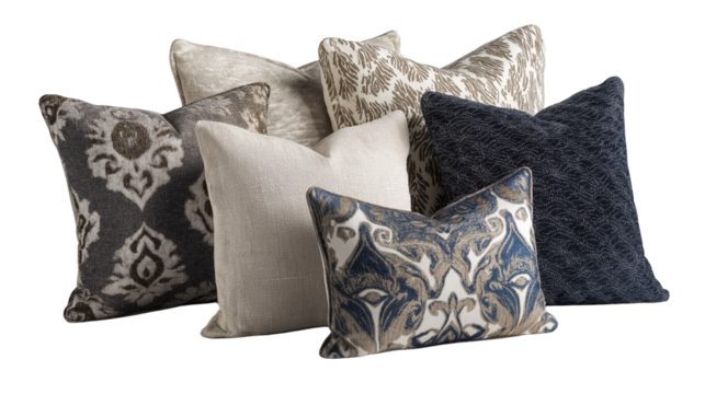 A collection of decorative throw pillows with various textures and patterns on transparent background