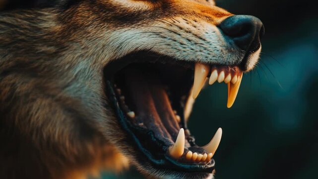 Close-up of a wolf's snarling face set against forest background.