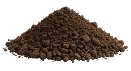 Earthy mound of dark soil, texture visible, isolated on black background