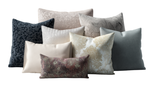 Assortment of plush and textured decorative pillows arranged together on transparent background