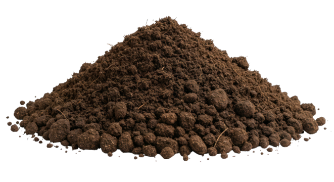 Earthy mound of dark soil, texture visible, isolated on black background