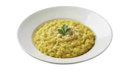 Golden Saffron Risotto Served on White Plate with Parsley and Pepper for
