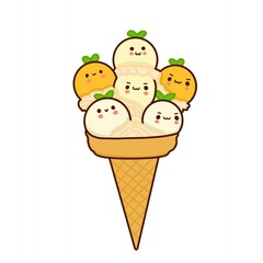 Kawaii ice cream cone with cute smiling scoops illustration