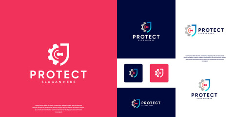 security logo with machine gear and shield symbols, protection system, vector graphic template.